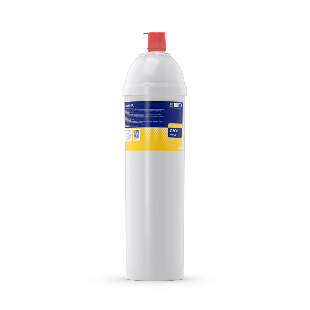 Vista frontal del filtro BRITA PURITY C500 MinUp con carcasa blanca, etiqueta azul y amarilla y tapón rojo