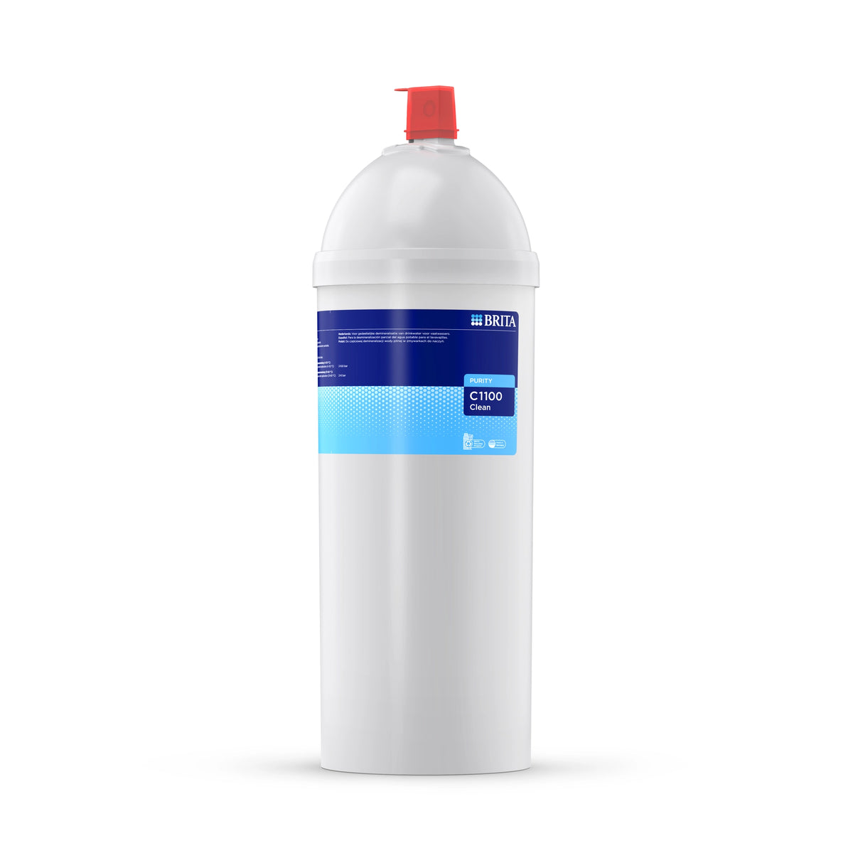 Filtro de agua BRITA PURITY C1100, de color blanco sobre fondo blanco
