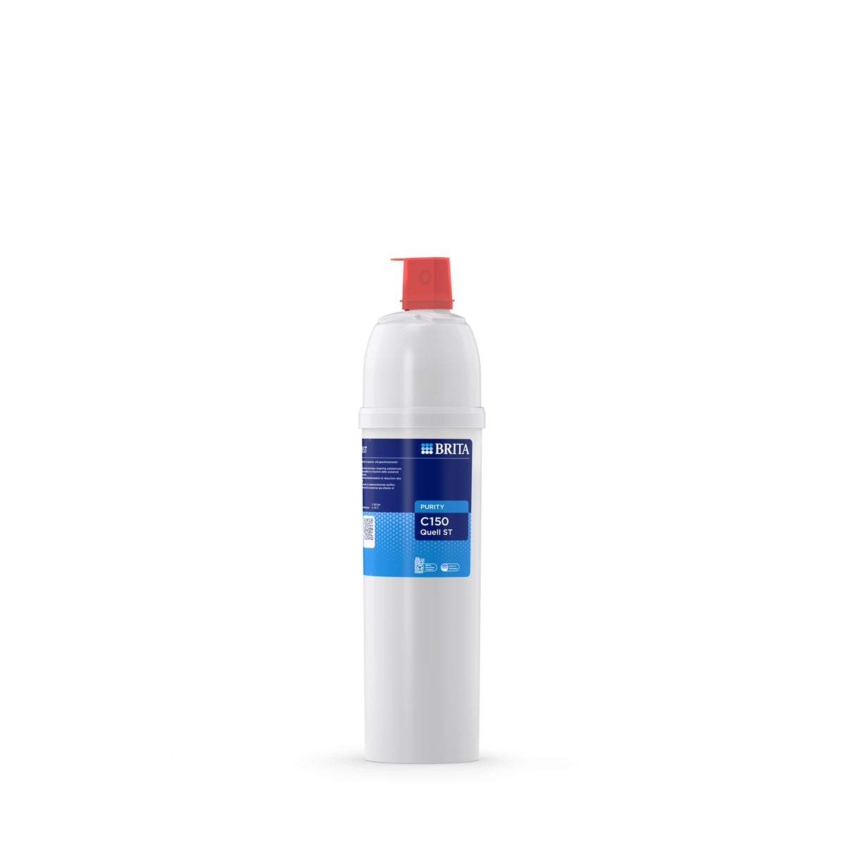 Filtro de agua BRITA PURITY C150 Quell ST sobre un fondo blanco