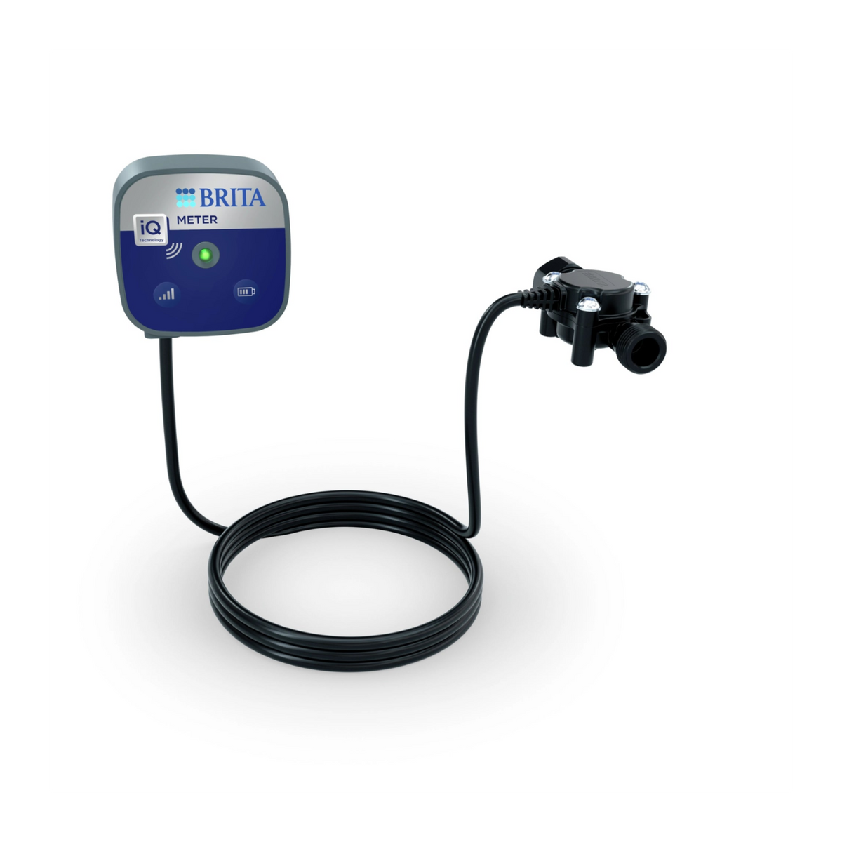 Dispositivo BRITA iQ Meter con panel frontal azul, indicador LED, cable de conexión y sensor de caudal para sistemas profesionales de filtración de agua.